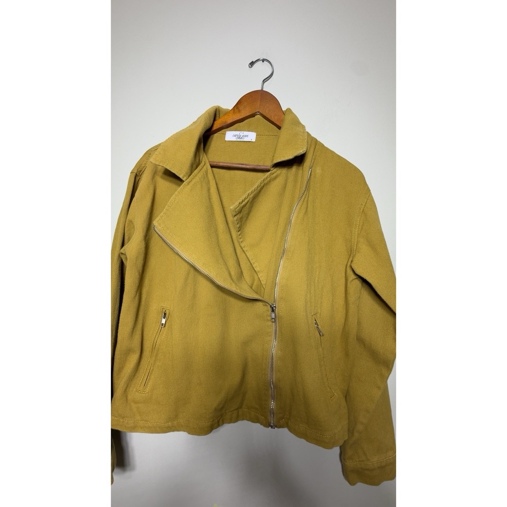 Carly Jean LA Women Small Asymmetrical Zip Moto Jacket Mustard Yellow Cropped - Picture 2 of 9